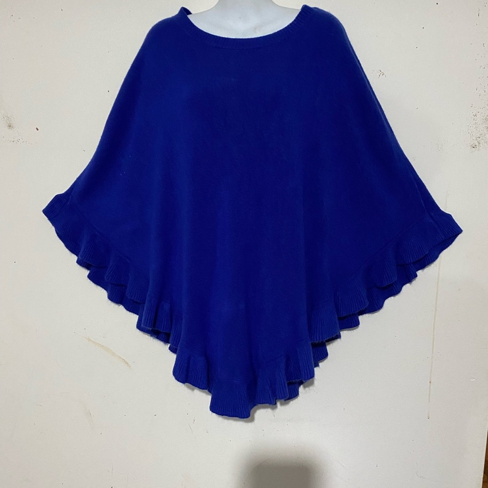 Kim Rogers Blue Poncho Sweater with Ruffled Hem